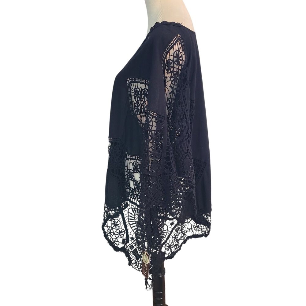 XCVI Crochet Lace Poncho Top Black S Cover Up USA Festival Peasant Gothic Witchy - Picture 3 of 8